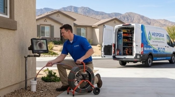 Hesperia Plumbing Pro licensed technician performing sewer camera inspection at residential property in Hesperia CA