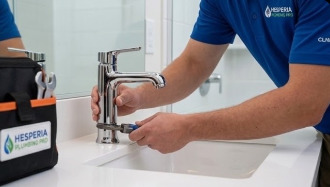 Licensed Hesperia Plumbing Pro technician repairing bathroom faucet with professional tools