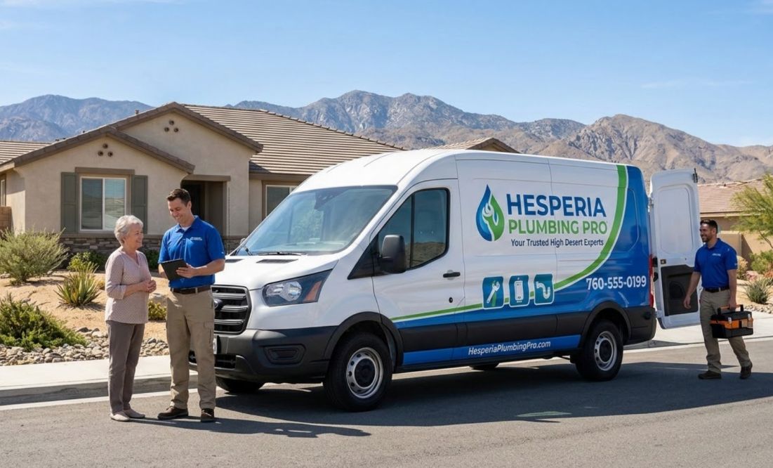 Hesperia Plumbing Pro team with branded service van at a Hesperia CA residential property